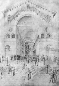 Neitsyen esitys temppelissä, Jacopo Bellinin piirustusalbumista (kynä ja muste perunakalvolla)